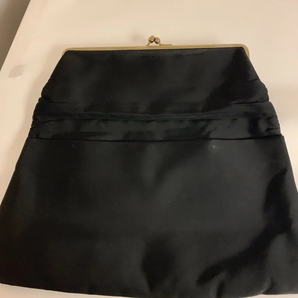 Evening Bag Black Fabric Vintage Floral Painted Trim Formal Party - Picture 3 of 9